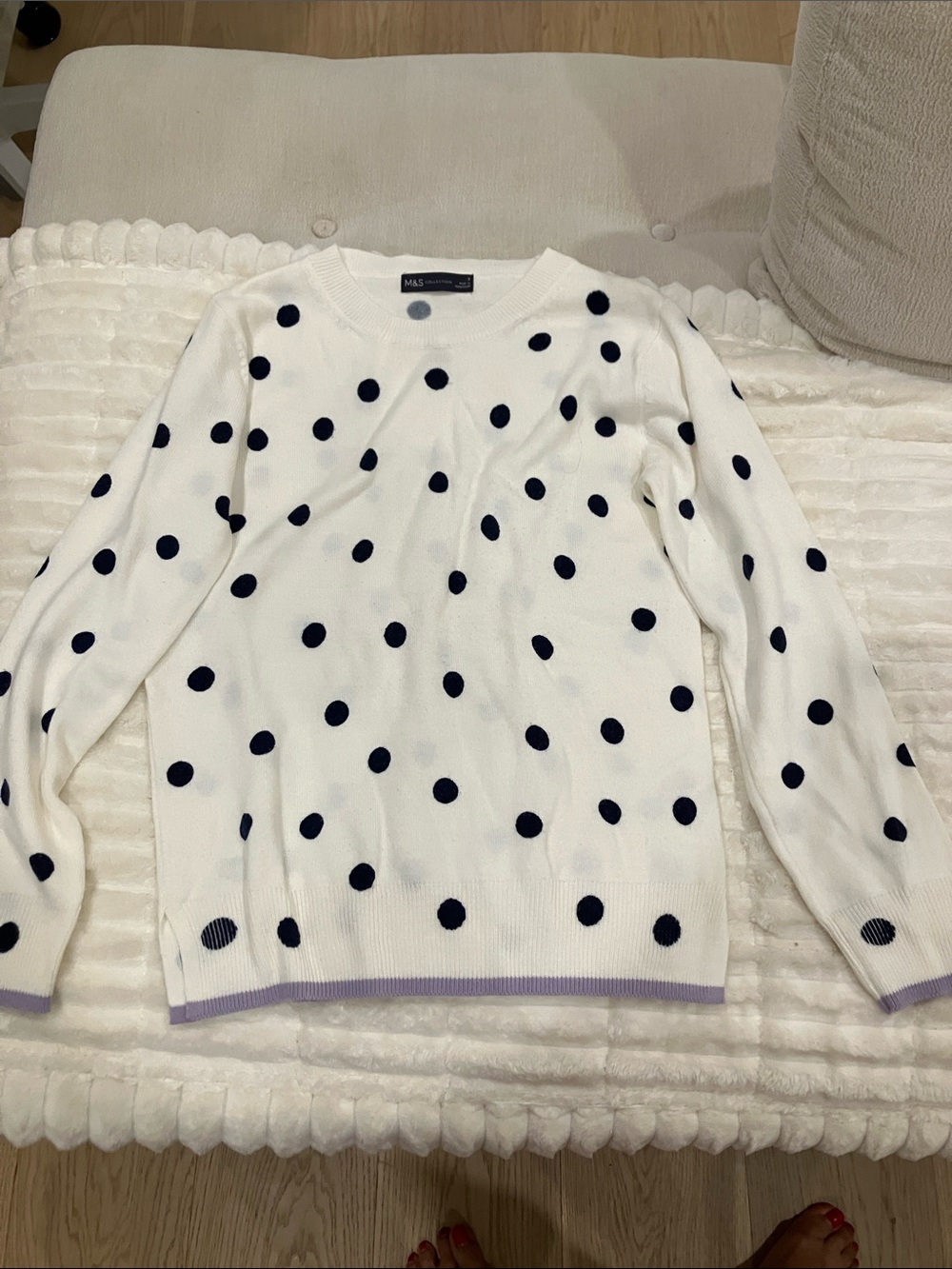 White Crewneck Sweater with Navy Polka Dots